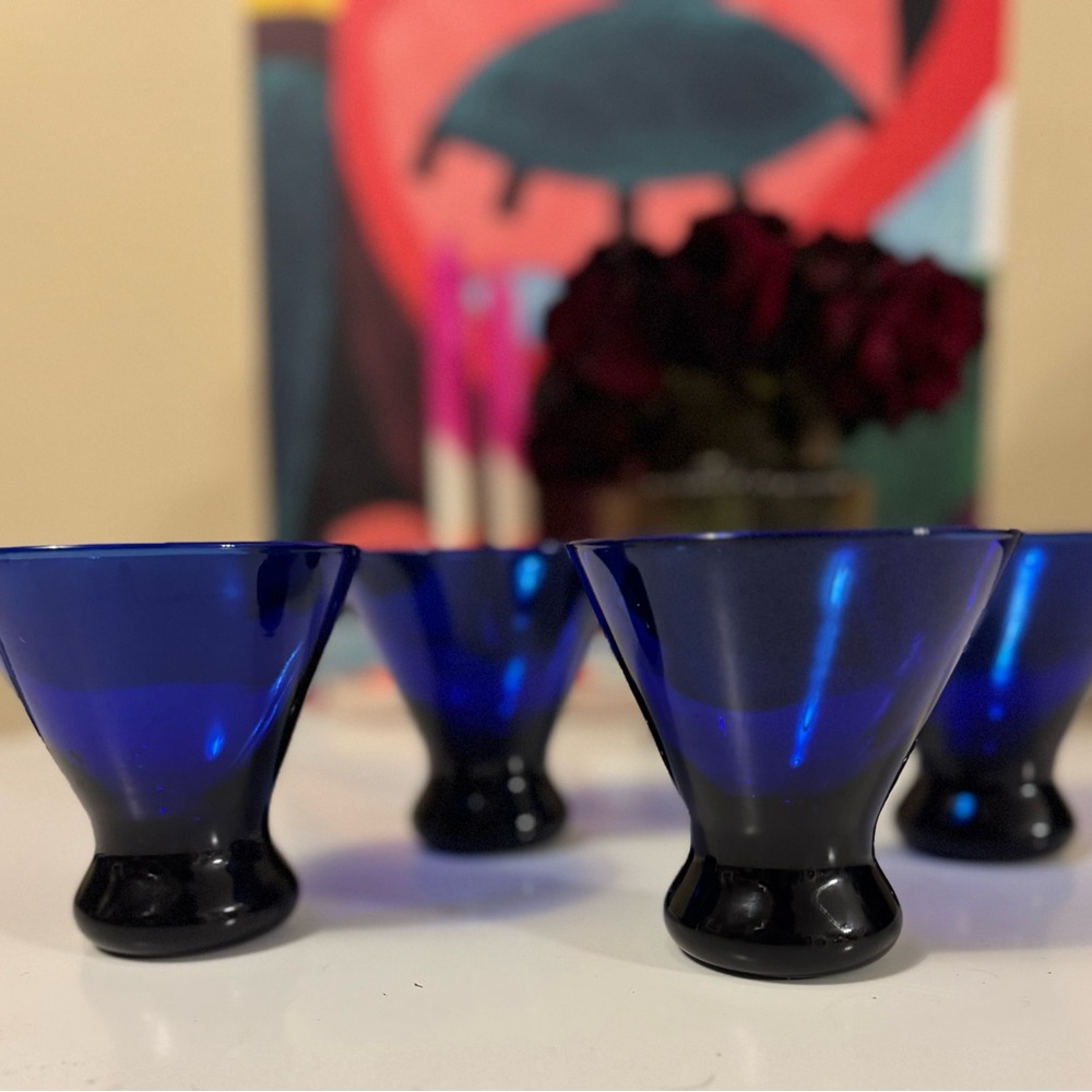 4- Vintage Libbey Cobalt Blue Lowball Stemless Cocktail Glasses Barware 1990s